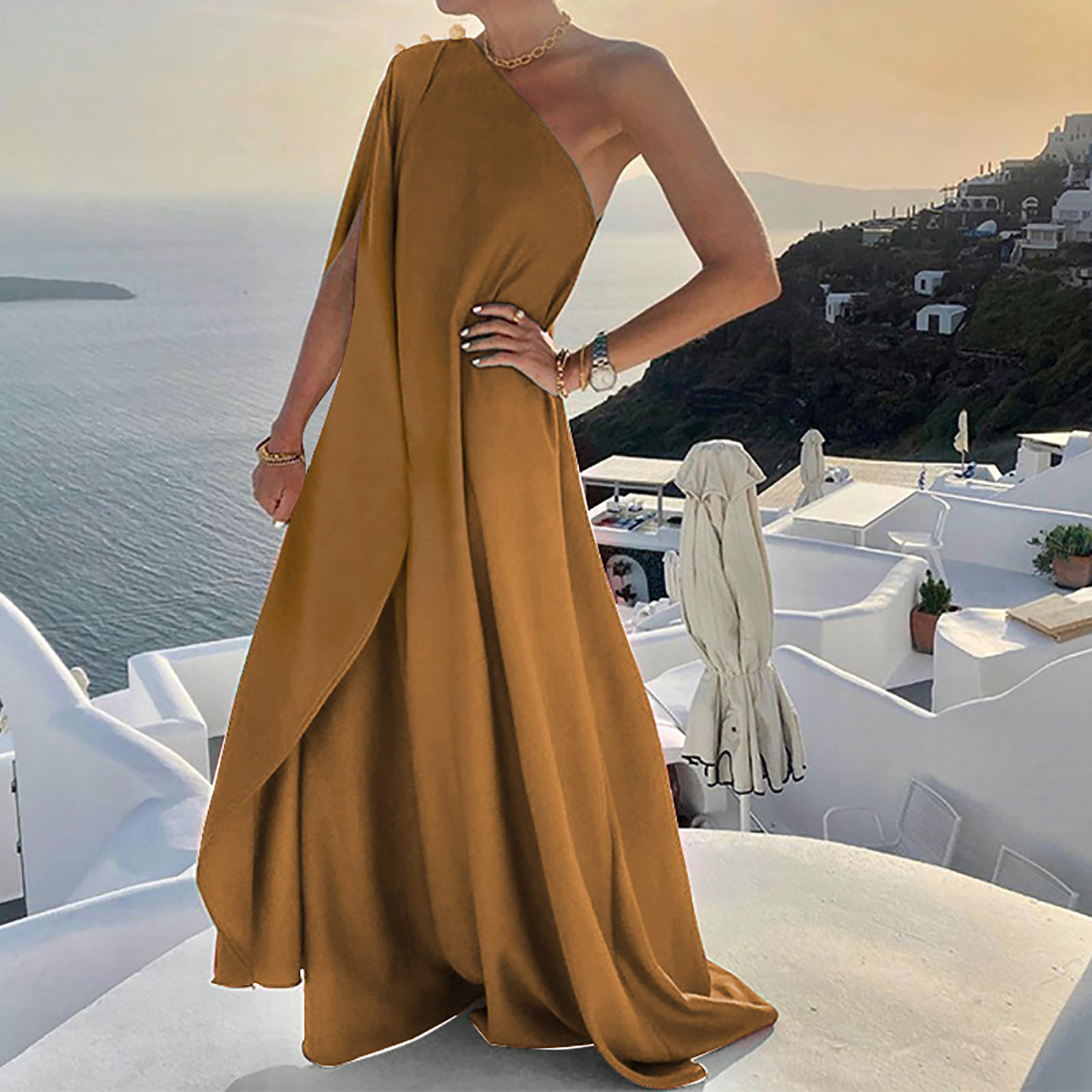 thumbnail image 2 of Vestido largo boho de un solo hombro para mujer - Color liso, fluido - Informal/playa/vacaciones - Mezcla de poliéster y spandex, 2 of 6